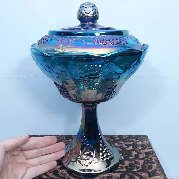 Indiana Blue Iridescent Carnival Glass Pedestal Compote Harvest Grape Purple Lid - Picture 12 of 16